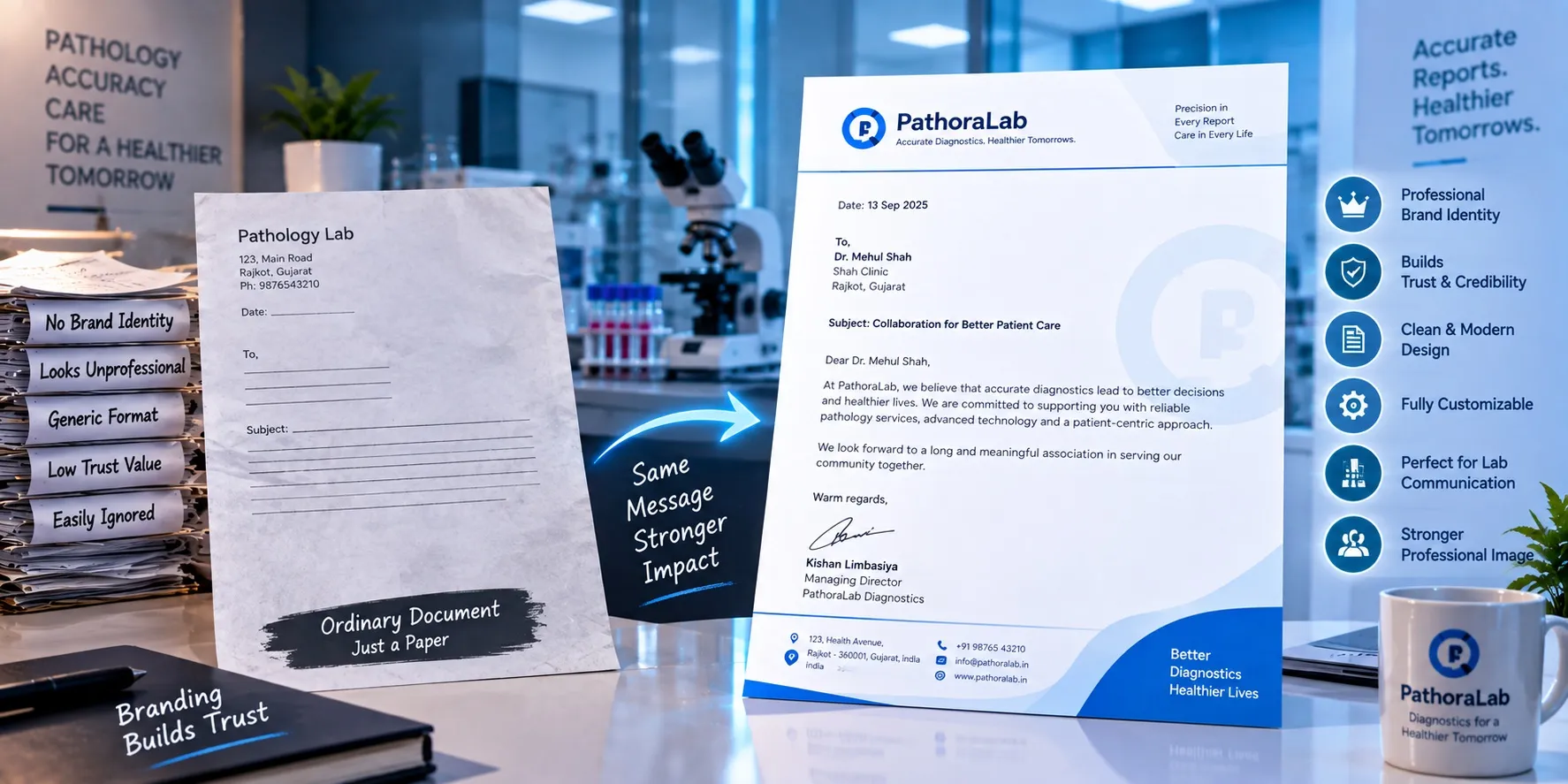 A plain, unbranded lab letter next to a PathoraLab letterhead with logo, tagline, signature block and footer — same message, stronger impact