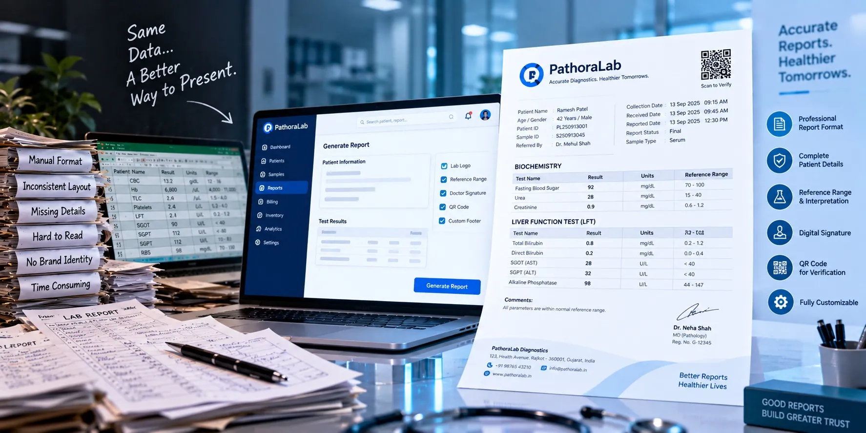 Handwritten lab sheets and a spreadsheet beside a laptop generating a PathoraLab report — patient details, biochemistry and LFT results with units and reference ranges, a pathologist's signature and a verification QR code